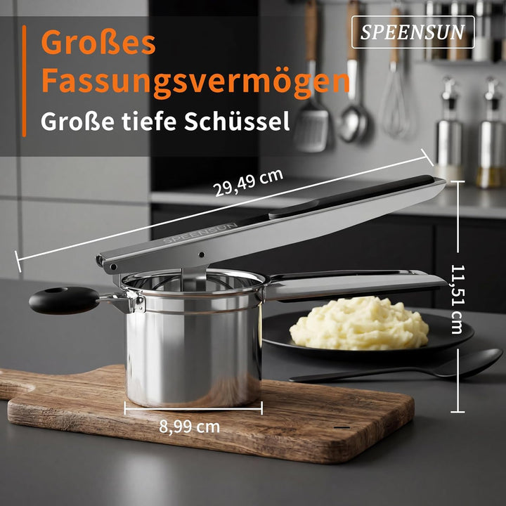 SPEENSUN Kartoffelpresse & Spätzlepresse aus Edelstahl (450ml) | 3 Lochscheiben & rutschfester Silik