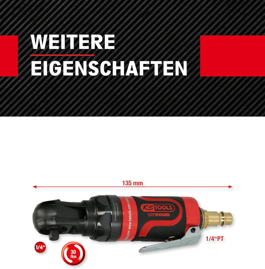KS Tools Mini Druckluft Ratsche 1/4" SlimPOWER 515.5505 I Umschaltratsche mit Vierkantantrieb nach D