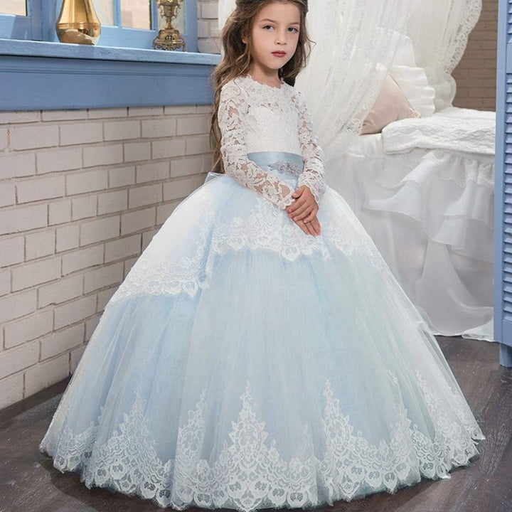 PLWEDDING Spitze Lange Ärmel Blumenmädchen Kleid Prinzessin Tüll Kleid für Kinder Erstkommunion Klei