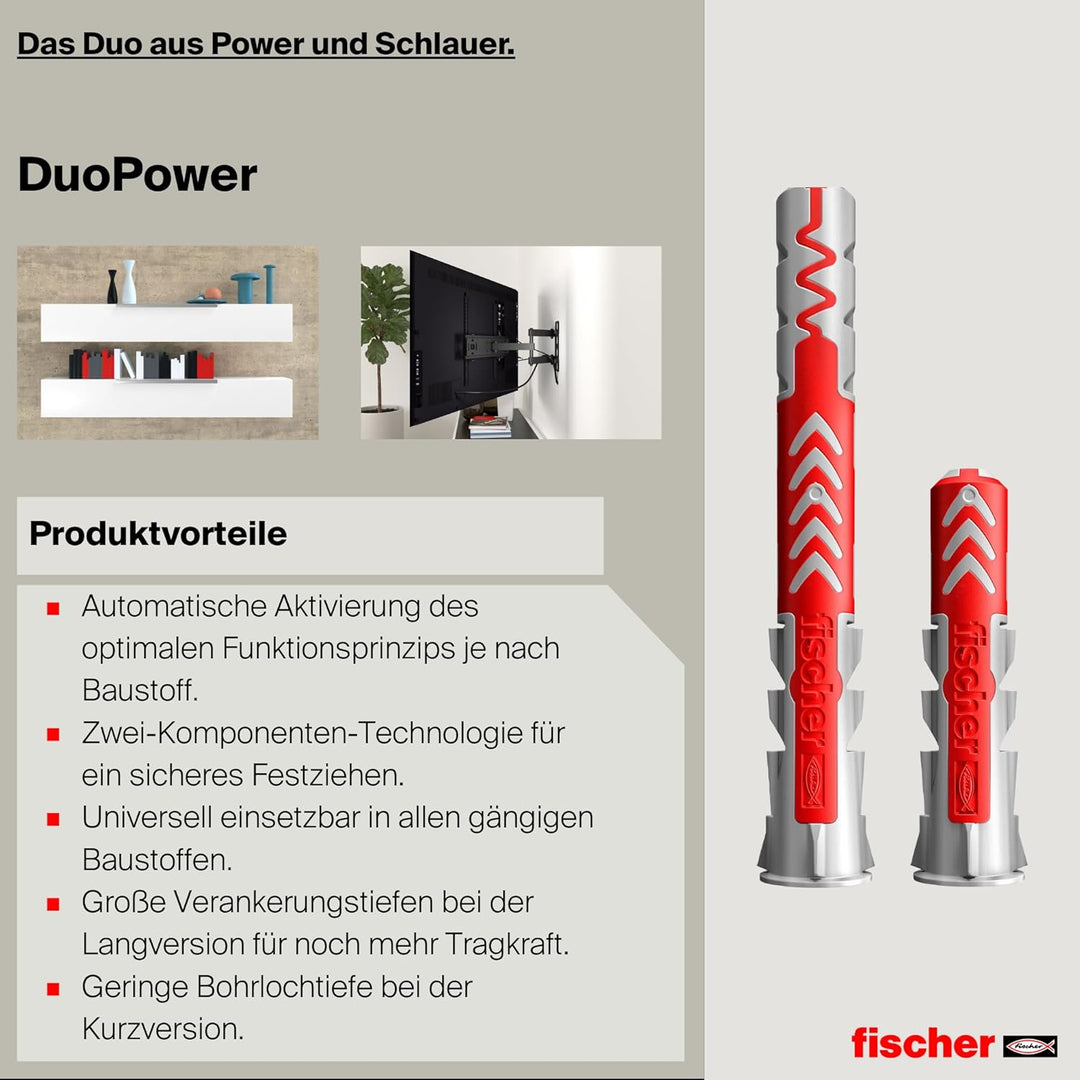 fischer DUOPOWER 8 x 40 S mit ETA, Universaldübel mit PowerFast II Schraube, 2-Komponenten-Dübel, Ku
