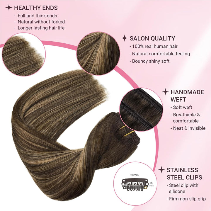 MAXITA Clip in Haarverlängerungen aus echtem Menschenhaar, Remy Haar Clip in Extensions für Damen, n