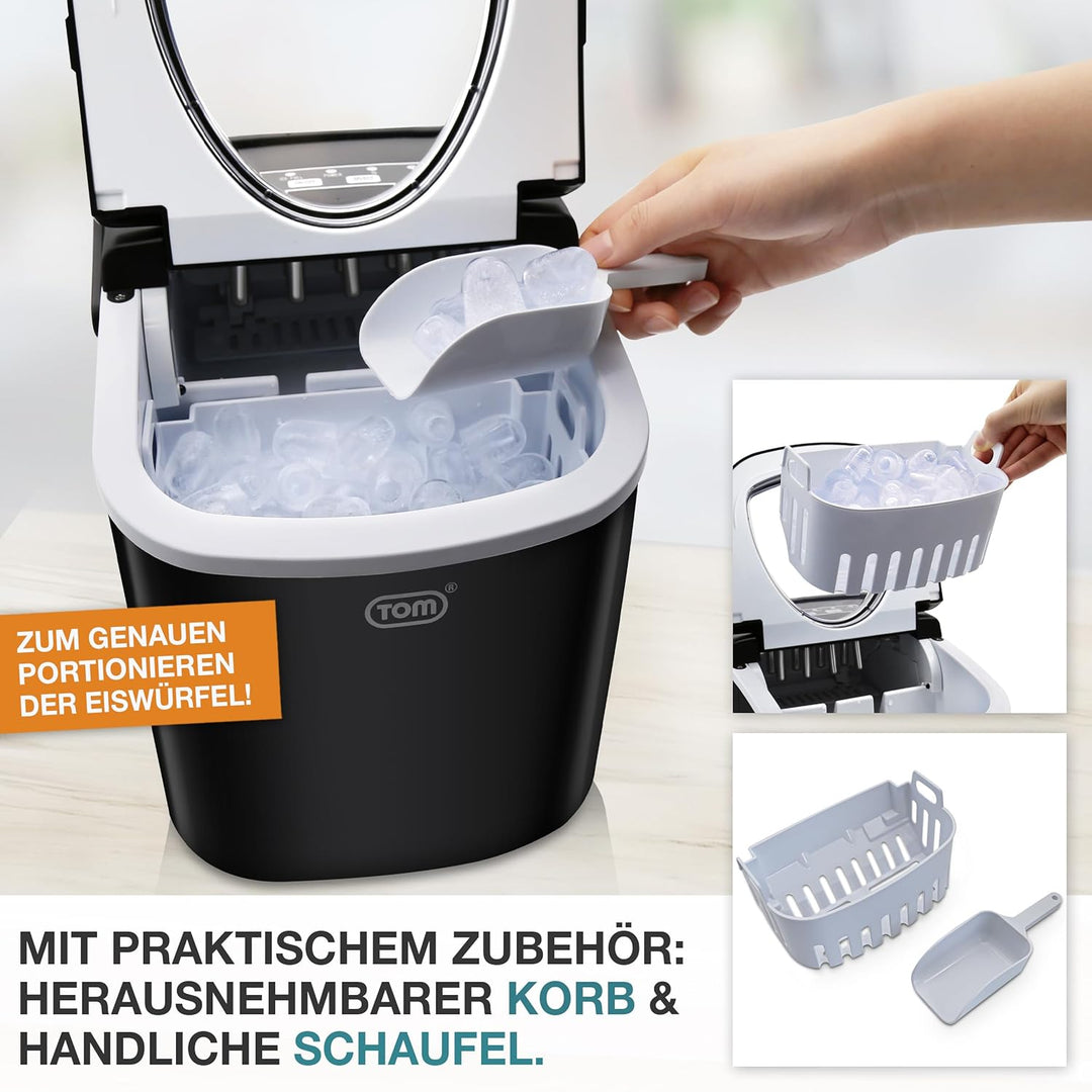 TOM Eiswürfelmaschine – 9 Eiswürfel in 6-8 min – 12 kg/24 h – 2 Würfelgrössen – Ice maker Eiswürfelm