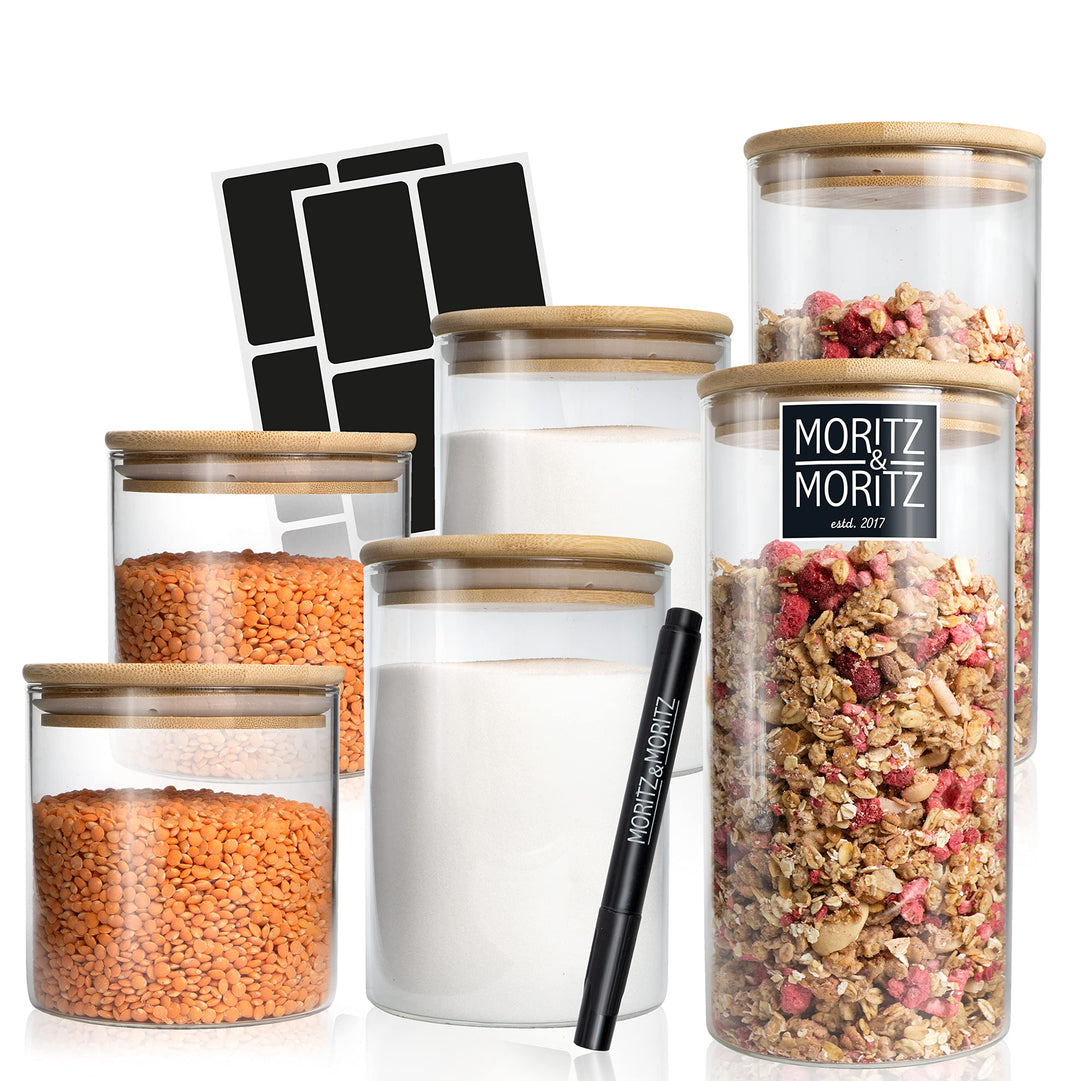 Moritz &amp; Moritz 6x Vorratsgläser mit Deckel Set 2x 1500 ml 2x 750 ml, 2x 500 ml – 6x Vorratsdosen Gl
