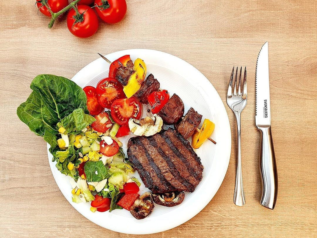 Svensbjerg Steakmesser-Set, Wellenschliff, Edelstahl Steakmesser, Pizzamesser, Grillmesser, 6-teilig