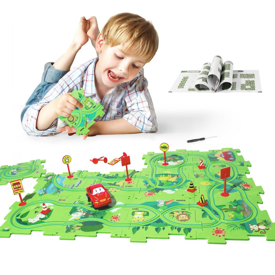 YOOYID Kunststoff Puzzle mit Autorennbahn für Kinder im Alter von 3-6 Jahren, Kinderspielzeug für Pu