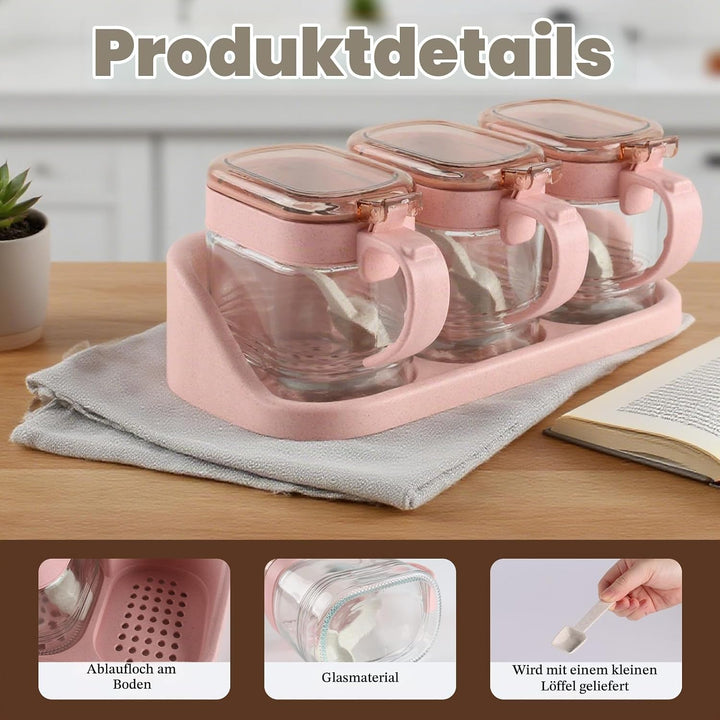Gewürzbehälter 3er Set 300ml aus Glas – Gewürzgläser mit Deckel und Löffel, Gewürzdosen auf Tablett