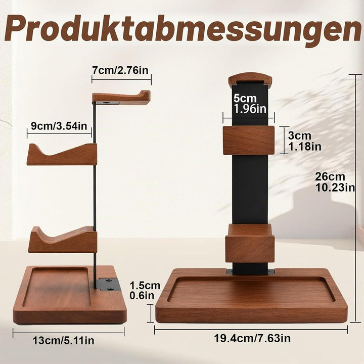 3 in 1 Kopfhörerhalter und Controller Halterung Holz, Zweigeschossig Kopfhörer Ständer mit Sockel, T