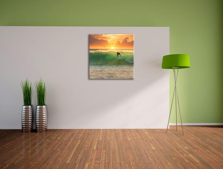 Pixxprint Surfen im Sonnenuntergang Wellenreiten, Format: 70x70 auf Leinwand, 70x70