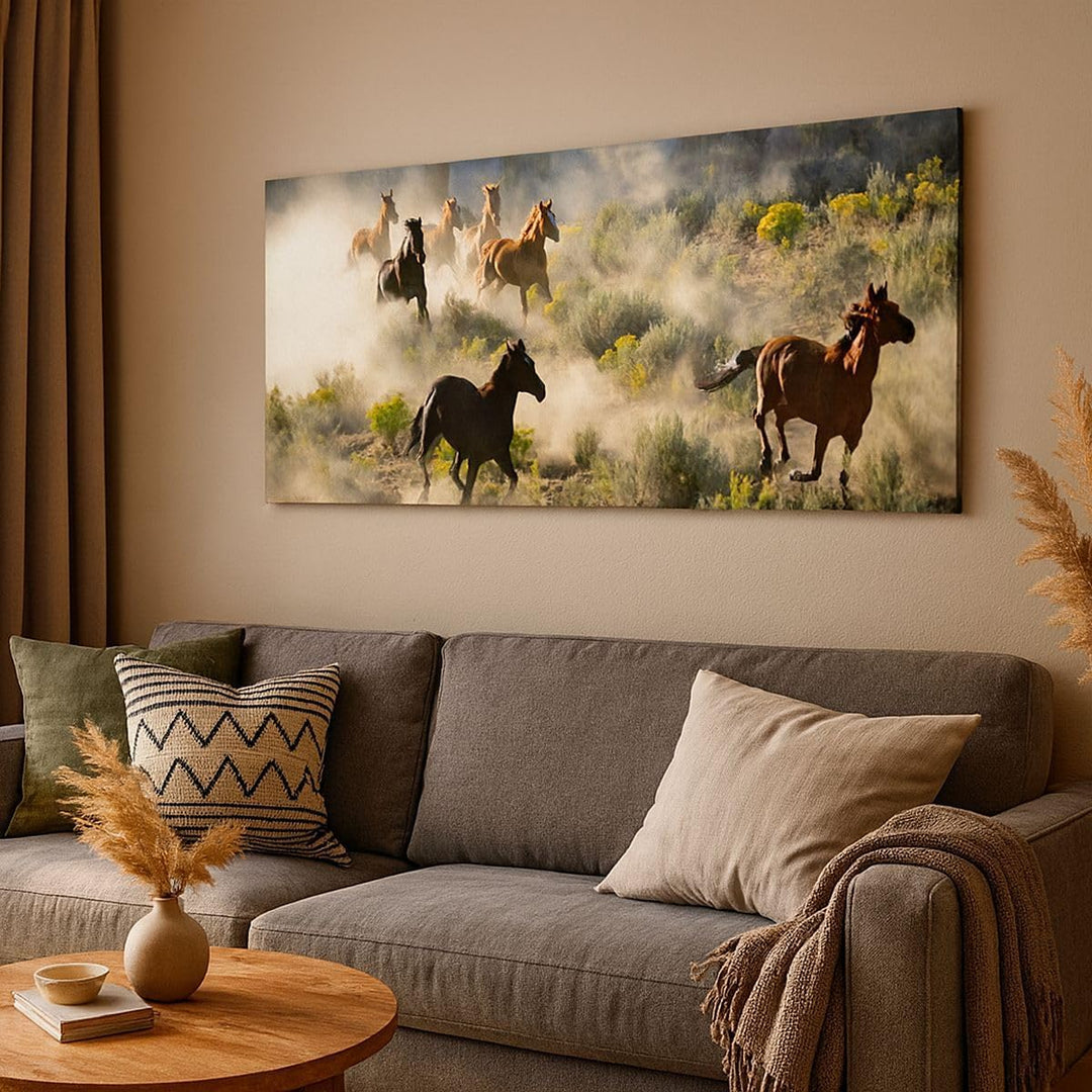 Wandbilder Dekoration Wohnzimmer Cowboy Cowgirl Pferd Panorama Bilder auf Leinwand 120x50cm Leinwand