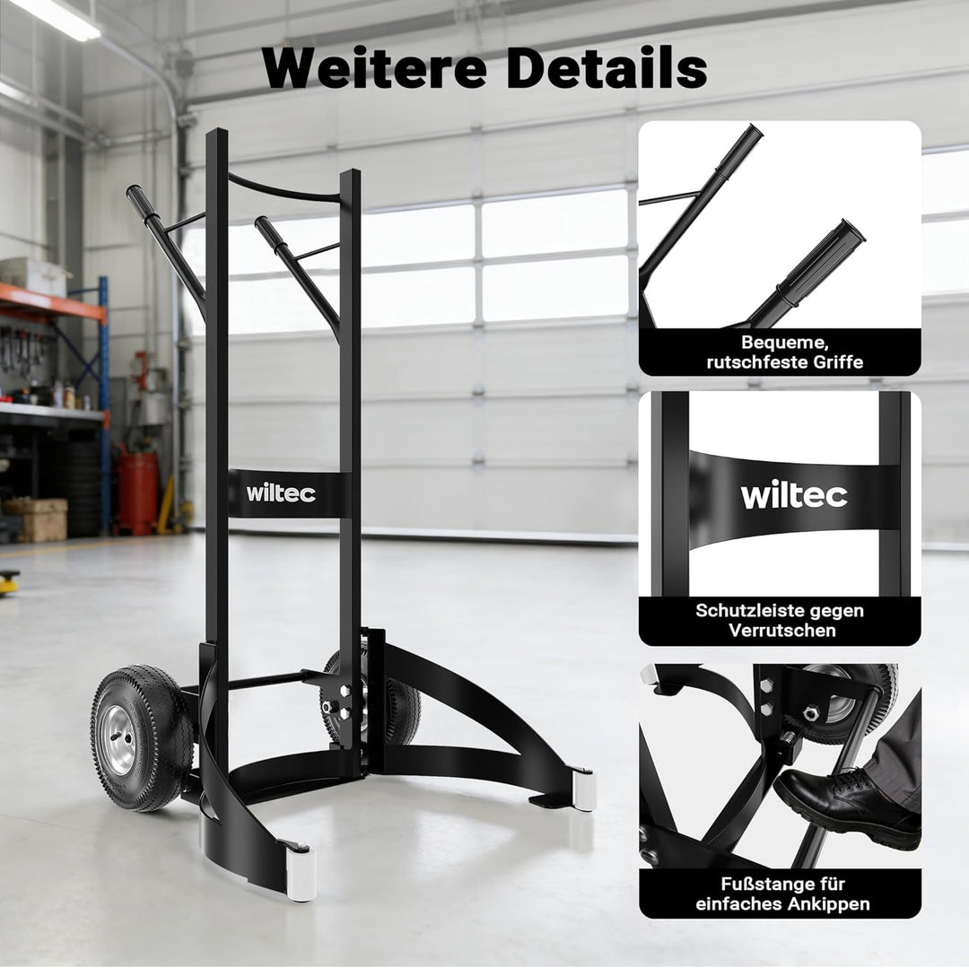 Wiltec Reifenkarre bis 200 kg mit Kippsystem, Transportkarre mit PU Rädern, Reifenwagen mit verstell