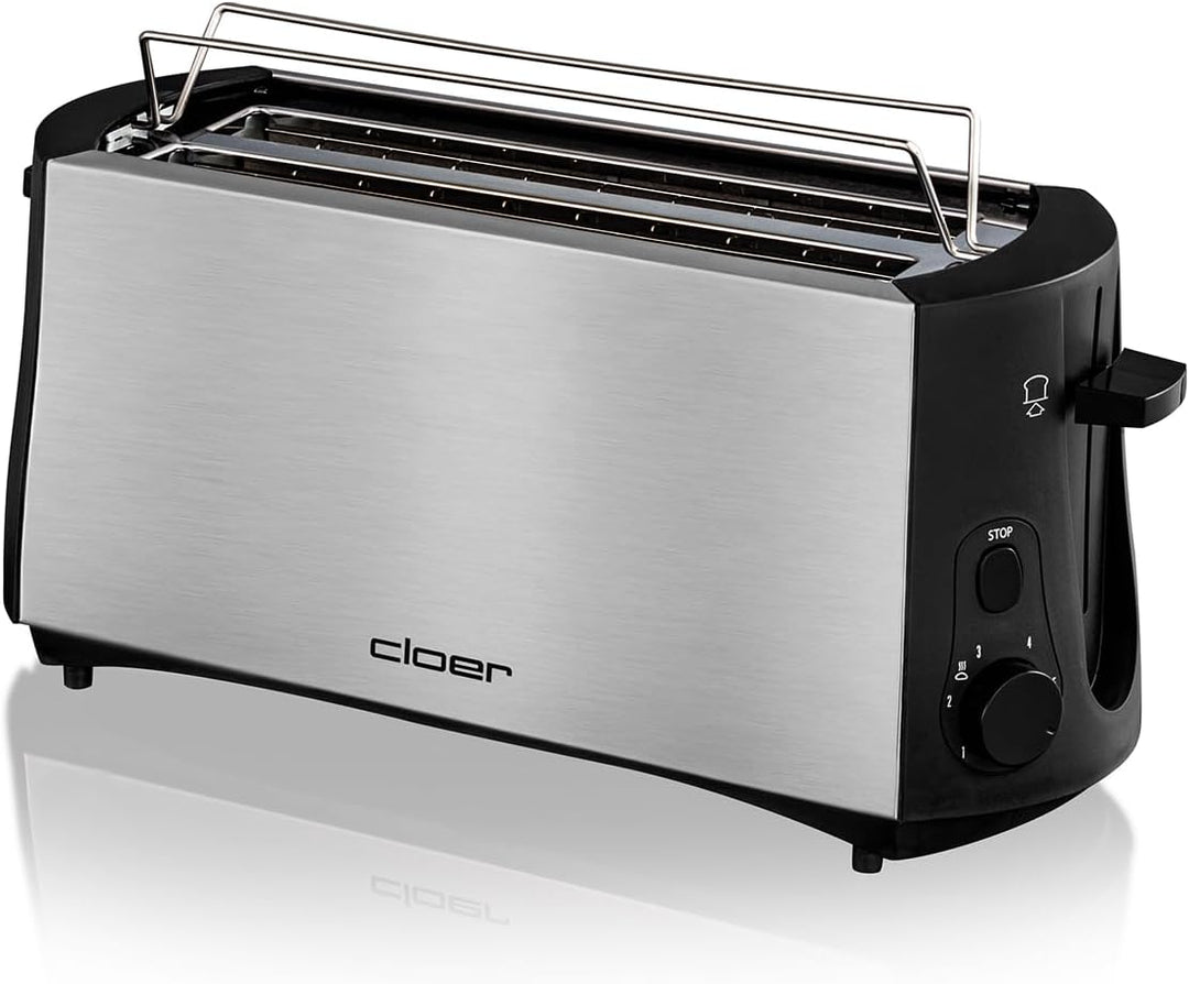 Cloer 3719 Langschlitztoaster für 4 Toastscheiben, 1380 W, integrierter Brötchenaufsatz, Nachhebevor