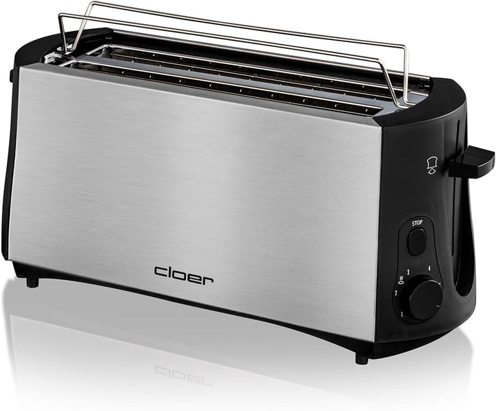Cloer 3719 Langschlitztoaster für 4 Toastscheiben, 1380 W, integrierter Brötchenaufsatz, Nachhebevor