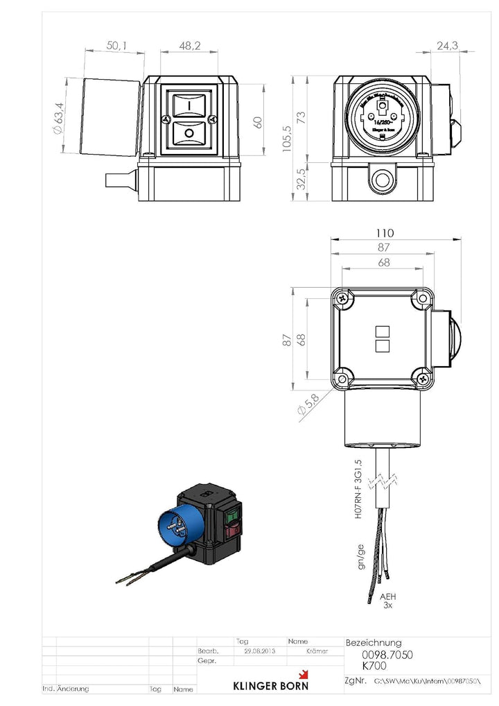 Motorschutzschalter K700 1Ph 230V/3,0kW, Überlastschutz eingestellt auf Motornennstrom, 0098.7050