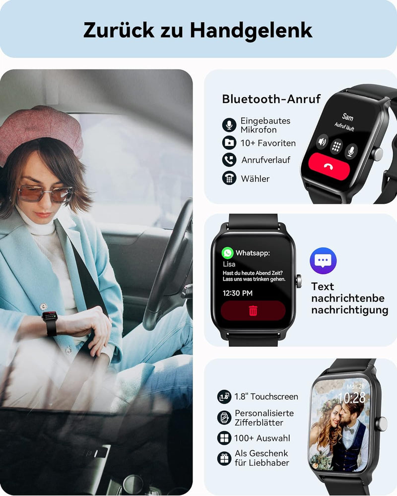 Woneligo Smartwatch Herren mit Telefonfunktion, 1.8" Fitnessuhr Herren mit Alexa integriertem Pulsme