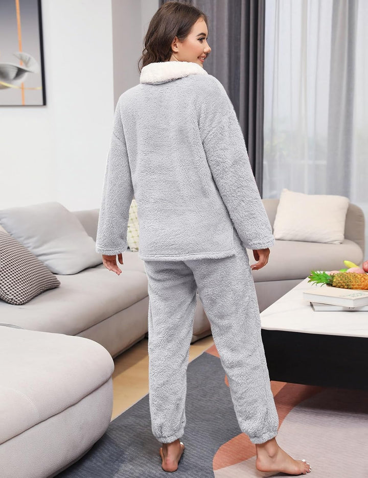 TOMEEK Schlafanzug Damen Winter Thermo Pyjama Set Langarm Fleece Nachtwäsche Set Weicher Warmer Heim