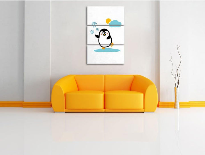 Süsser Pinguin auf EIS als Leinwandbild/Grösse: 3 Teilig (120x80) cm/Wandbild/Kunstdruck/fertig besp