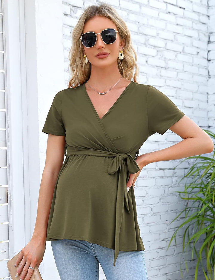 KOJOOIN Damen Stillshirt Schwangerschaftsshirt V-Ausschnitt Umstandsshirt Langarm Nursing Tops mit G