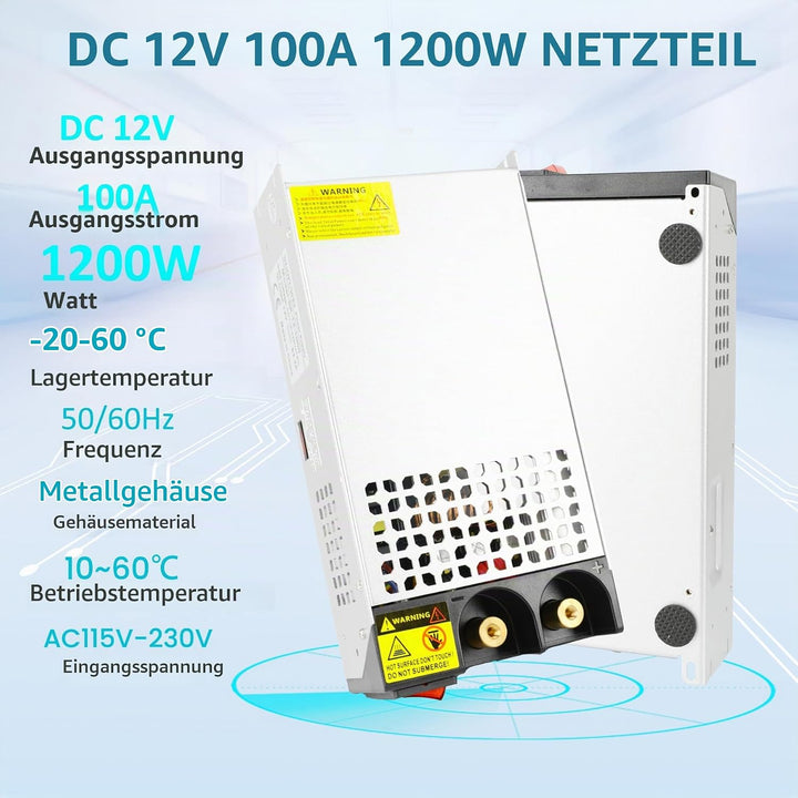 NUOFUWEI DC 12V 100A 1200W Netzteil Transformator Schalternetzteil 230V AC auf DC Netzteil 12Volt 10