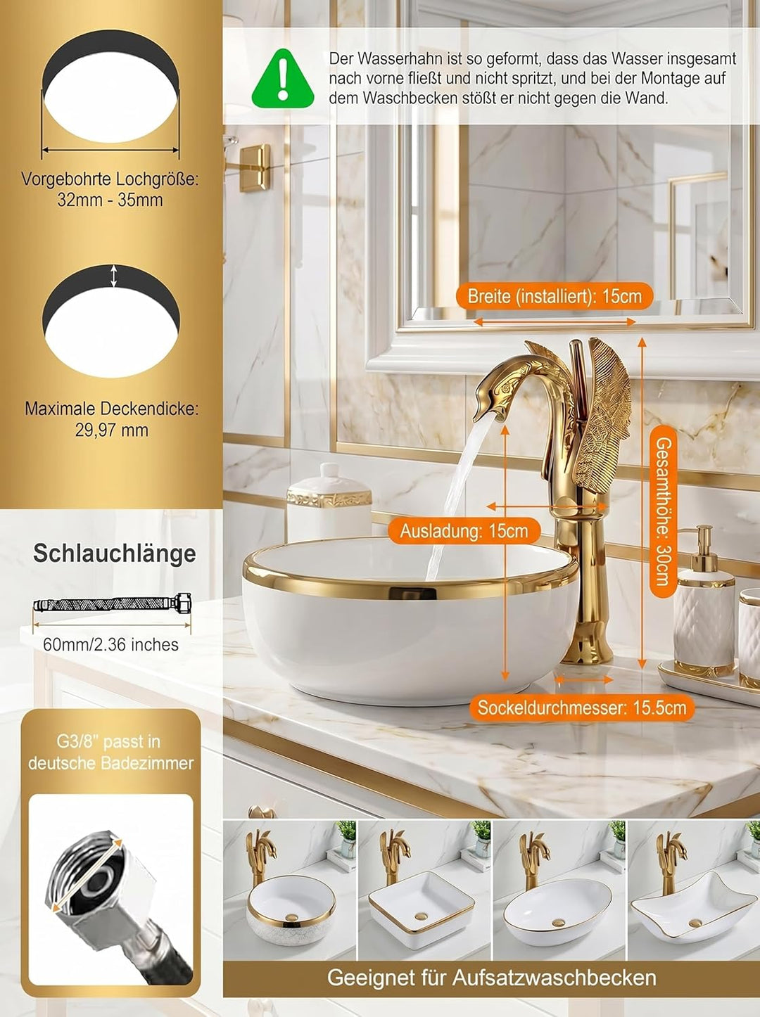 Einzigartiger Schwan Wasserhahn Bad Gold, Hohe Waschtischarmatur für Aufsatzwaschbecken, Retro Vinta