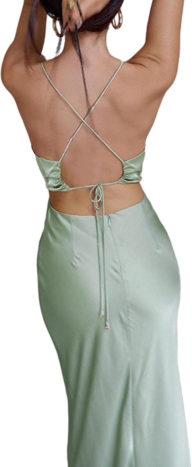 xxxiticat Maxi-Slip-Kleid für Damen, mit Wasserfallausschnitt, Spaghettiträgern, ärmellos, Taillenau