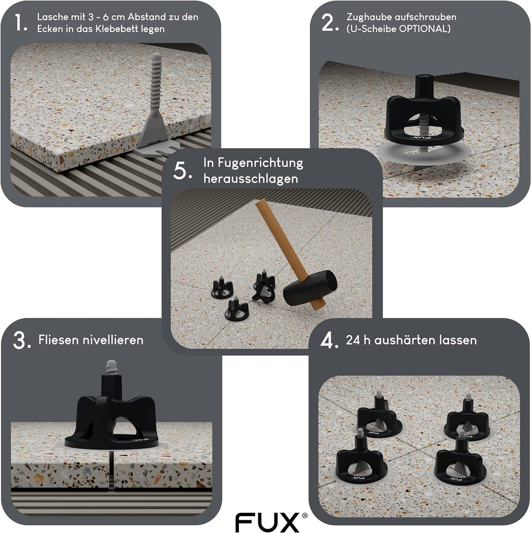 FUX® Fliesen Nivelliersystem 1mm, Fliesenleger Set: 100 Zughauben 1mm + 200 Gewindelaschen, Fliesenv
