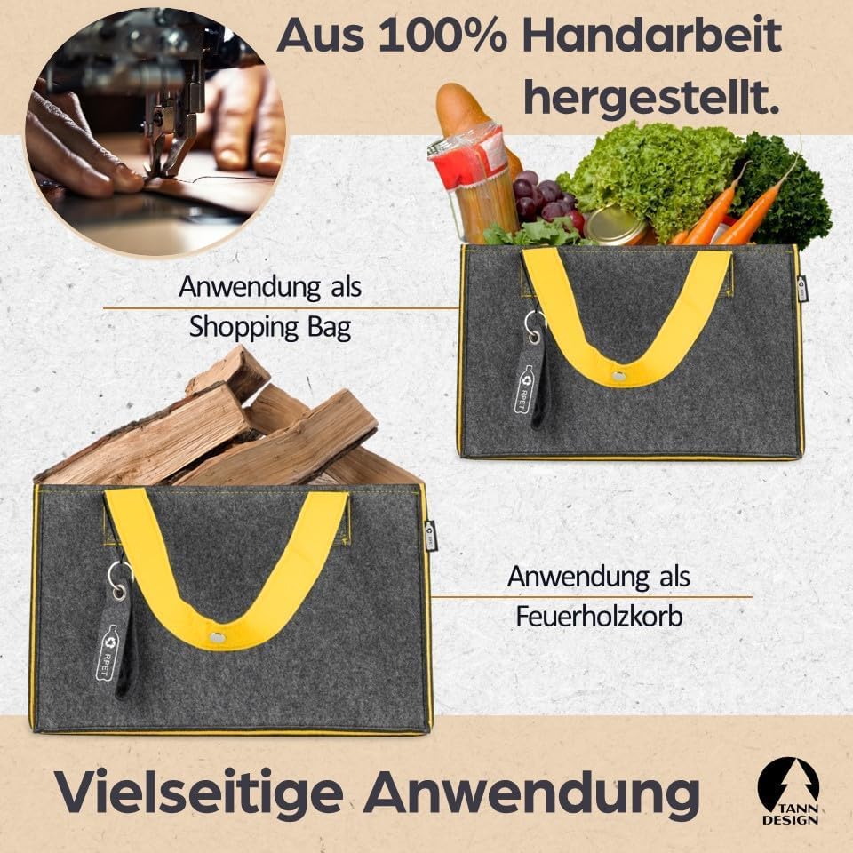 TANNDESIGN - Einkaufskorb & Kaminholzkorb aus recycelten Plastikflaschen (Filz-Tasche) - Holz-Korb f