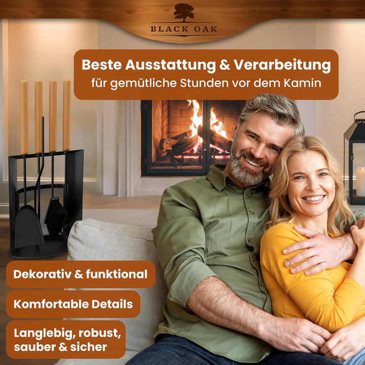 BLACK OAK Kaminbesteck DAVOS 5-teilig mit Lederhandschuh - edles &amp; dekoratives Ofenbesteck Set schwa