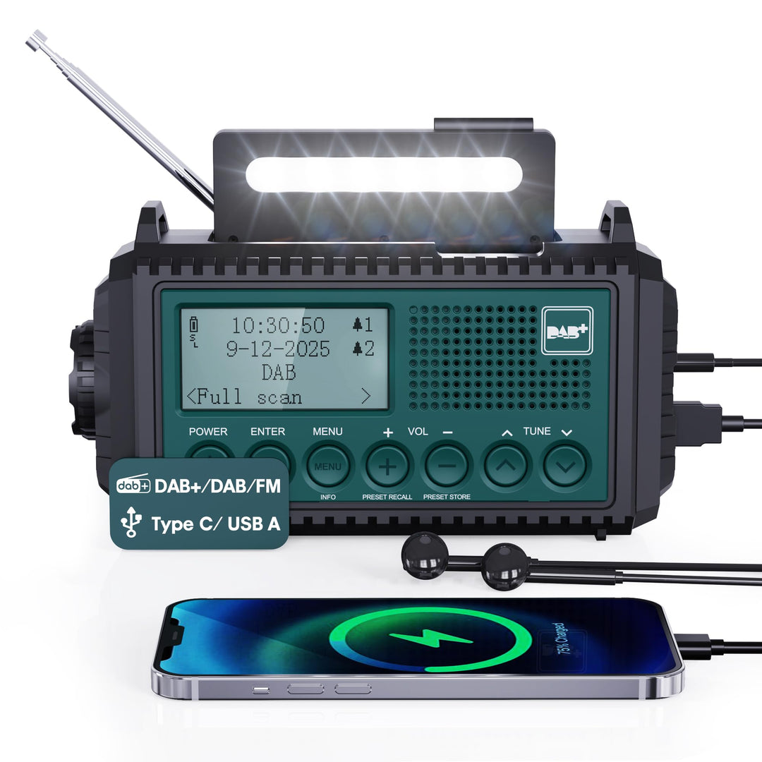 Kurbelradio DAB+/DAB/UKW mit 5000mAh Akku Wiederaufladbare, Notfallradio mit Taschenlampe & Leselich