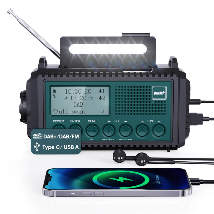 Kurbelradio DAB+/DAB/UKW mit 5000mAh Akku Wiederaufladbare, Notfallradio mit Taschenlampe & Leselich