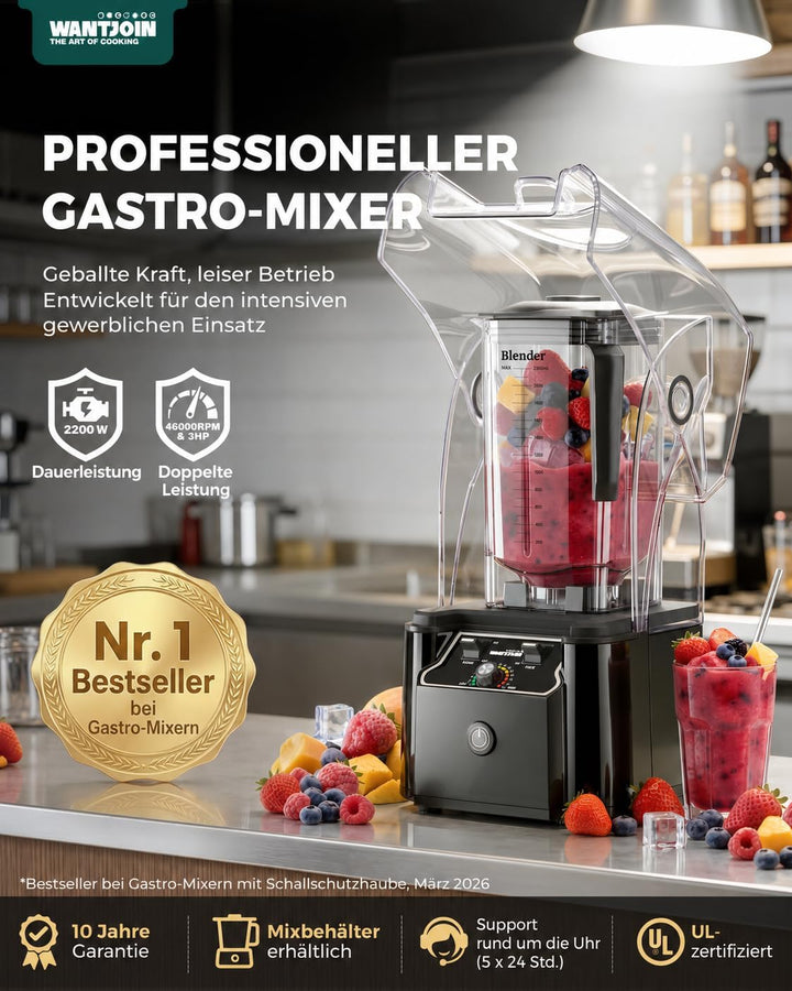 WantJoin Kommerzieller Mixer mit Schallschutzhaube 2.2L Leise Professioneller Smoothiemaker 2200W Ho