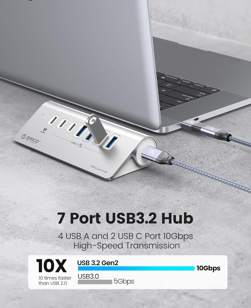 USB C Hub, ORICO 7 Port USB C 3.2 Gen 2 Hub, USB Verteiler 10 Gbps mit 4 USB C, 2 USB A, PD 60W, 24V