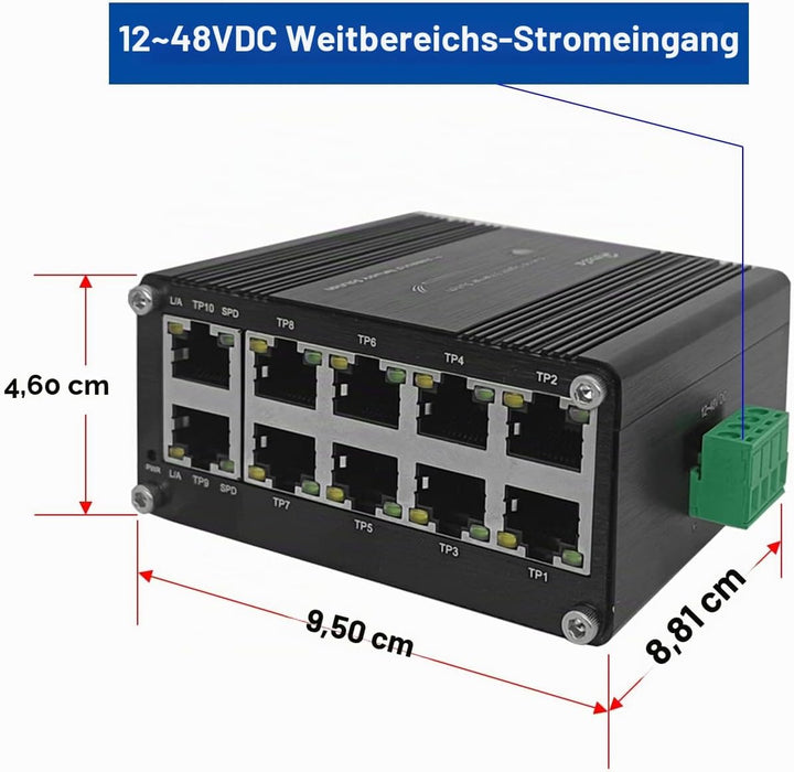Gehärteter industrieller Gigabit-Ethernet-Switch, 10-Port, 10/100/1000T, RJ45, mit Auto-MDI/MDI-X-Fu