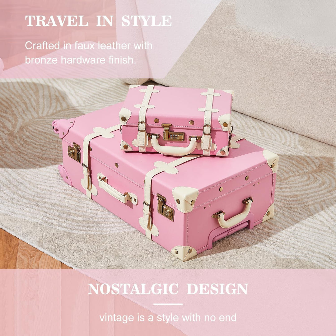 Unitravel Vintage Reisekoffer Set, 2 Teilig PU-Leder Gepäck mit Schminkkoffer, Hell Rosa, S+L Hell R