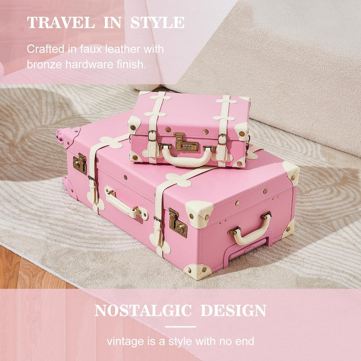 Unitravel Vintage Reisekoffer Set, 2 Teilig PU-Leder Gepäck mit Schminkkoffer, Hell Rosa, S+L Hell R