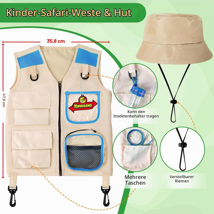 YOPINSAND Forscherset für Kinder, Exploration Spielzeug mit Weste, Hut, Rucksack und Kindern Ferngla