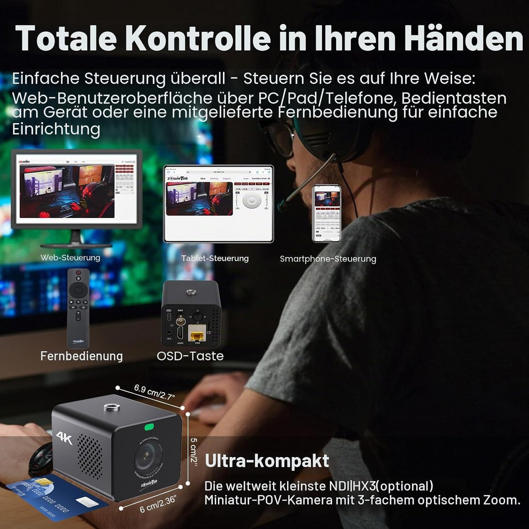 4K-POV-Kamera NDI|HX3, ZowieCam, Autofokus, HDMI- und SDI-Ausgang, 3-Fach optischer Zoom, Flexible S