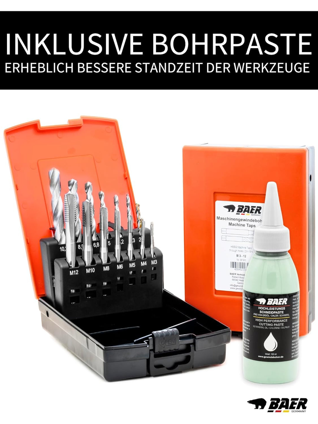 BAER Gewindeschneider Set M3–M12 HSSG inkl. Schneidpaste – Gewindebohrer Satz mit Kernlochbohrer & D