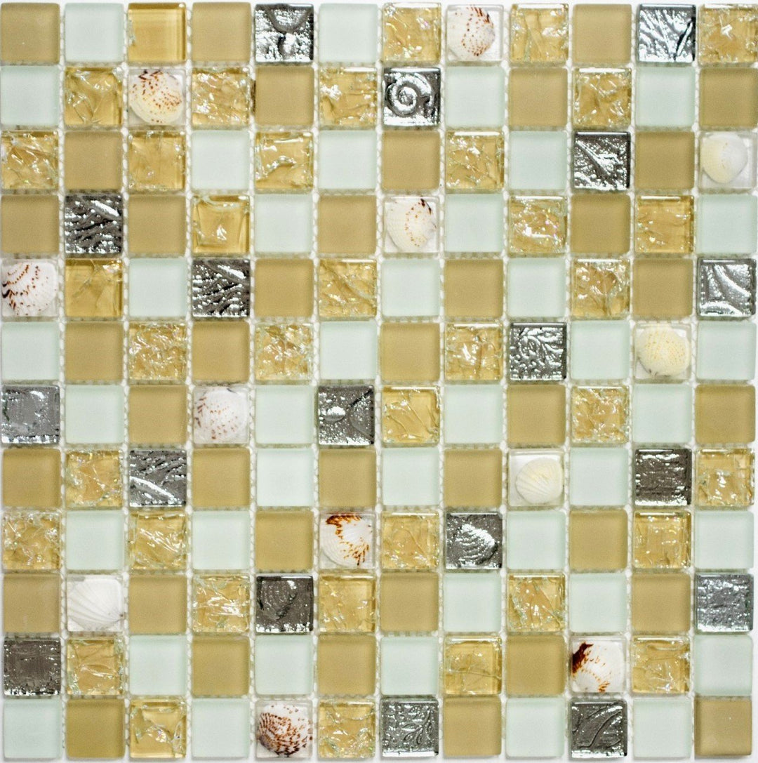 Mosaik Quadrat Crystal Muschel beige Glasmosaik Transluzent Transparent 3D, Mosaikstein Format: 23x2