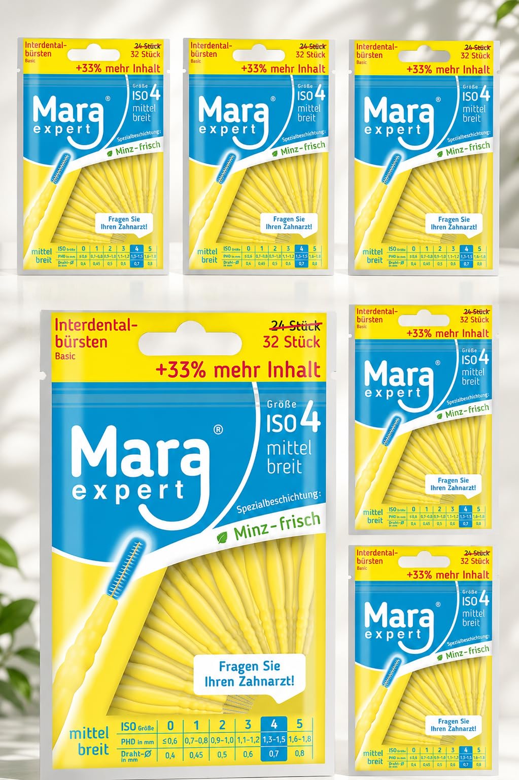Interdentalbürsten 0,7 mm von MARA EXPERT | ISO 4 mittel breit | 6 x 32 Interdentalbürsten Gelb | Id