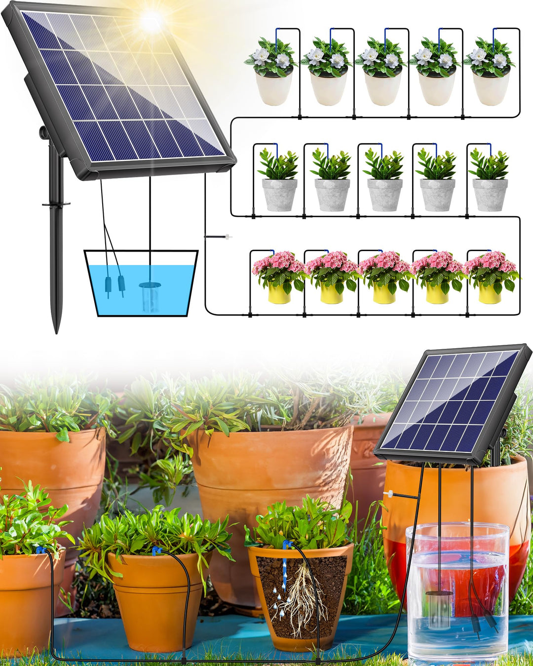 Biling Solar Bewässerungssystem Balkon 15M Bewässerungssystem Solar Tröpfchenbewässerung Automatisch