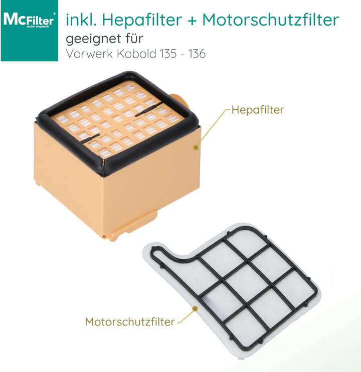 McFilter I Zubehör-Set 17-teilig geeignet für Vorwerk Kobold VK 135, 136, 135SC, 12 Staubsaugerbeute