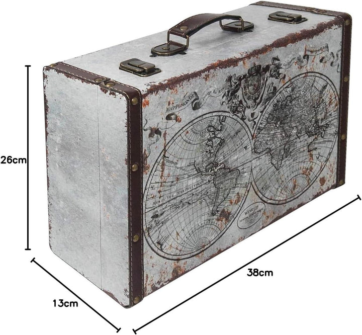 HMF VKO101 Vintage Koffer aus Holz | 38 x 26 x 13 cm | Gross | Deko Weltkarte 38 cm Weltkarte, 38 cm