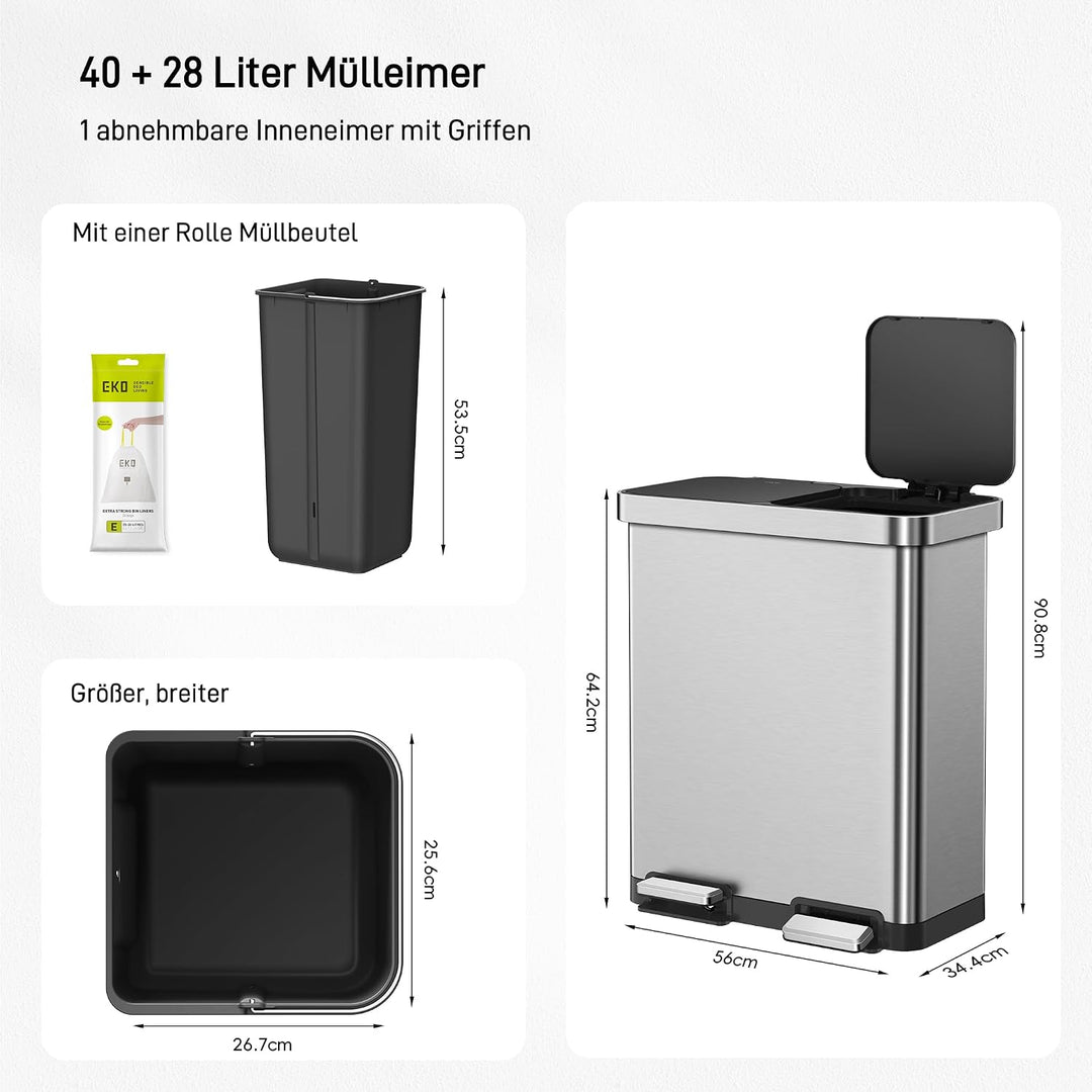 EKO Mülleimer 2 Fächer, 40 + 28 Liter, Edelstahl Tretmülleimer, 12 Müllsäcke, ein herausnehmbarer In