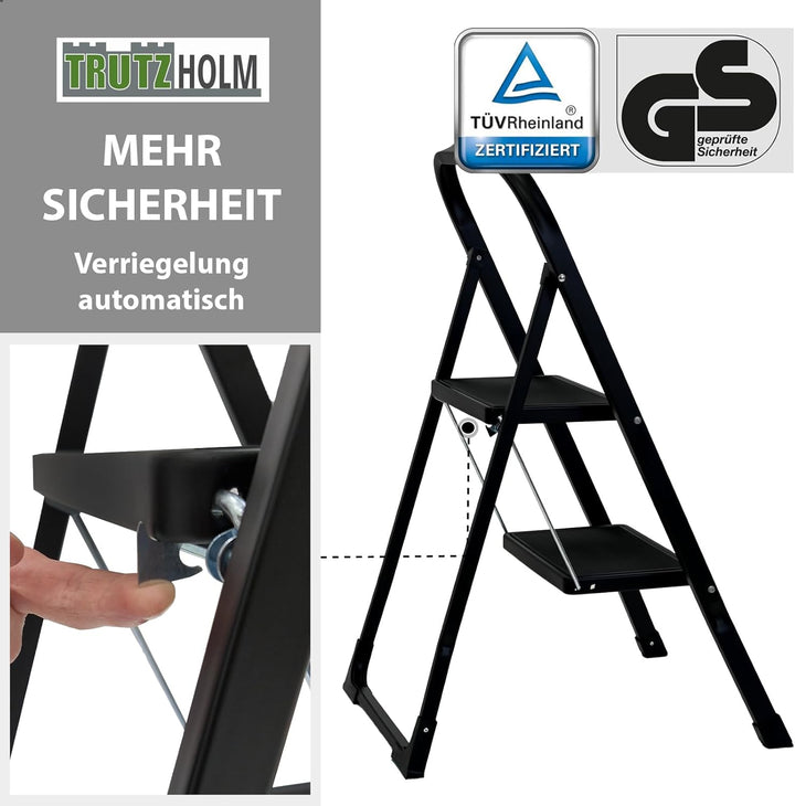 TRUTZHOLM Trittleiter 2 oder 3 Stufen klappbar TÜV/GS Zertifiziert 150 kg Klappleiter Anti-Rutsch Tr