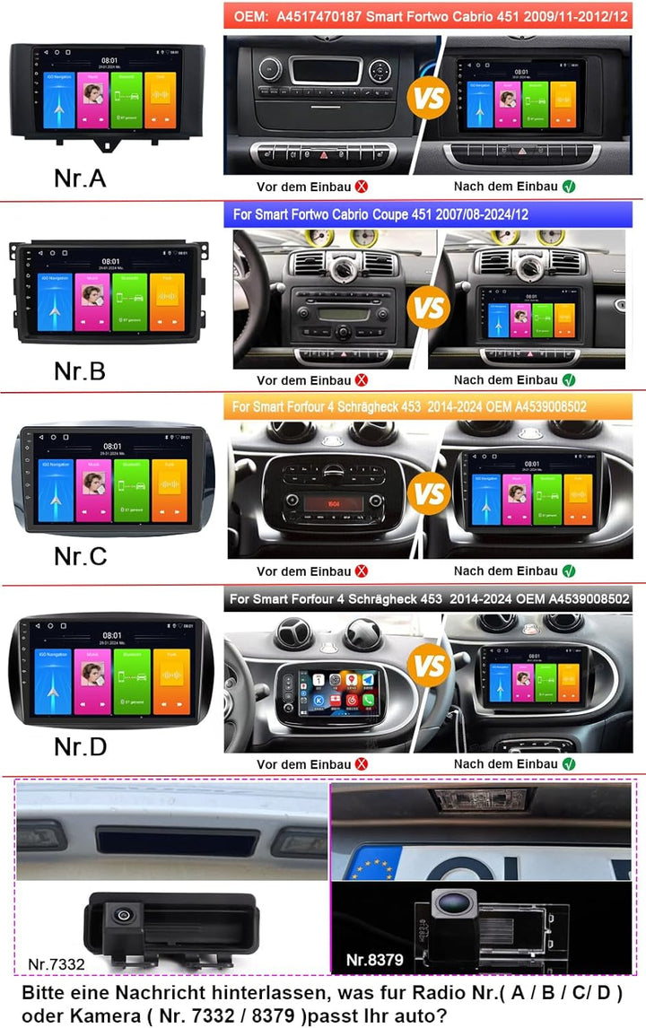 Android Autoradio mit GPS Navigation + HD Nachtsicht Auto Rückfahrkamera Ersatz für Smart Forfour 4