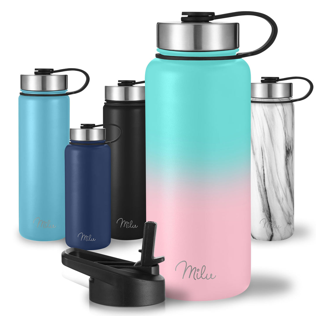 Milu Edelstahl Trinkflasche 500ml, 750ml, 1000ml (+3 Deckel) - Thermosflasche mit Strohhalm, Isolier