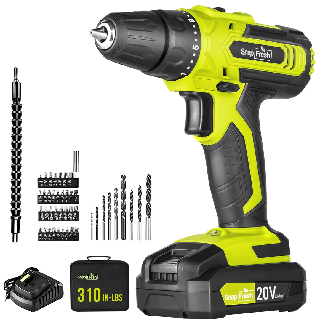 SnapFresh Akku-Bohrschrauber Set 20V – Nur 0,8kg, 35N·m Drehmoment, 2-Gang, LED-Licht, 43tlg Zubehör
