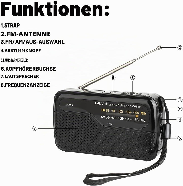 Tragbares Radio, Transistorradios am FM, tragbare Tasche, funktioniert mit 2 AA-Batterien, kleines T