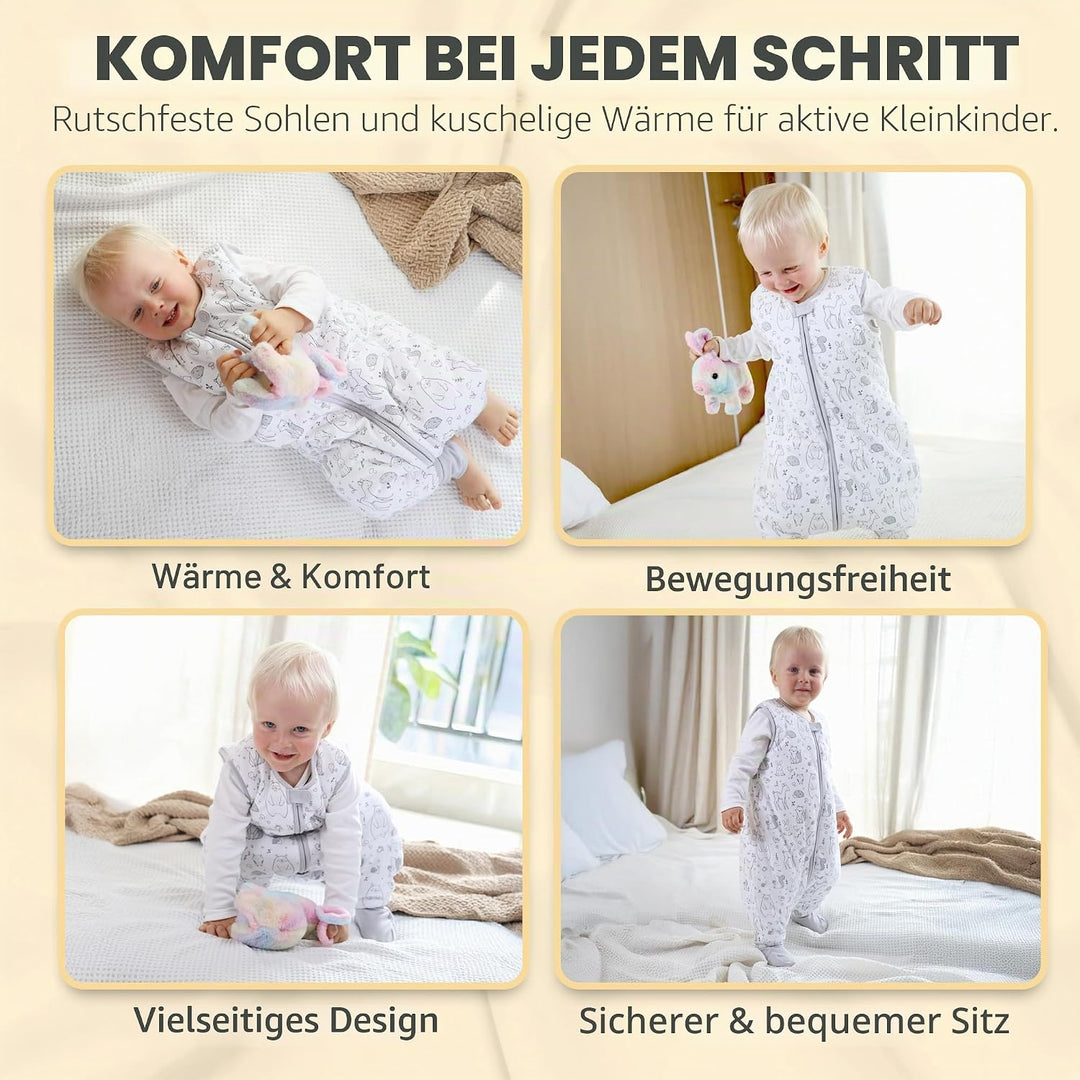 Baby Schlafsack mit Füsse 1.0 TOG, Ganzjahres Schlafsack, Bio-Baumwolle Baby Schlafsäcke ohne Ärmeln