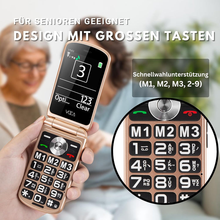 VOCA Grosstasten-Klapphandy für Senioren | Dual-Screen | 4G LTE | Lauter Klang | SOS-Taste | Hörgerä